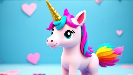 3D, cute, colorful unicorn for valentines day