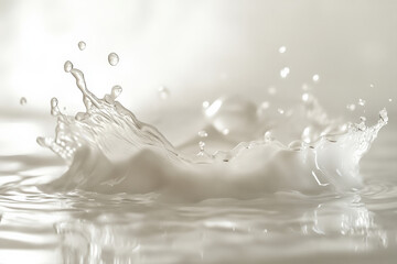 A glowing white oil splash frozen in time, with soft reflections and droplets suspended in mid-motion.