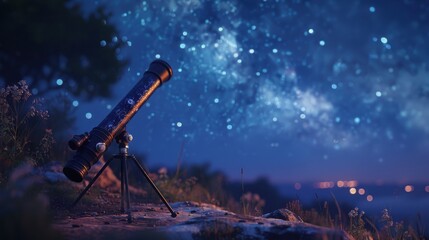 Starry night sky with a telescope on a tripod