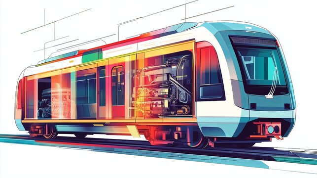 An artistic, flat style illustration of a modern metro car with semi transparent panels, revealing