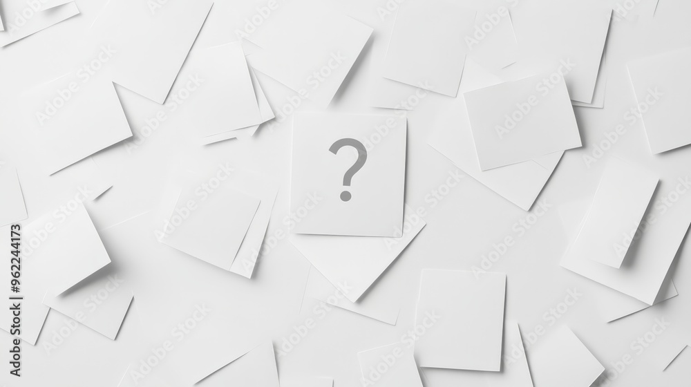Poster Single question mark on a white card surrounded by blank cards. Represents standing out and uniqueness.