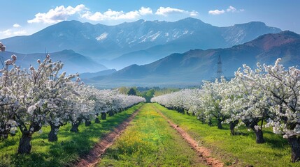 Beautiful orchard with blooming white flowers, lush green fields, and majestic mountains in the background on a clear sunny day.