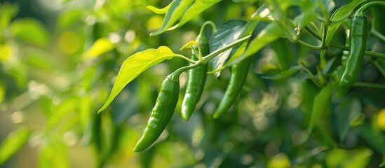 Green Young Chili Peppers On The Chili Tree