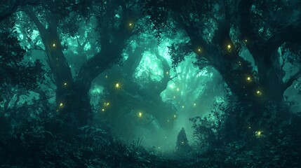 Fototapeta premium A mysterious figure walks through a foggy forest lit by glowing orbs.