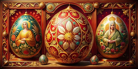 Illuminated Easter illustrations with intricate details and ornate borders in a gold and red color scheme capturing the grandeur and festivity of the holiday