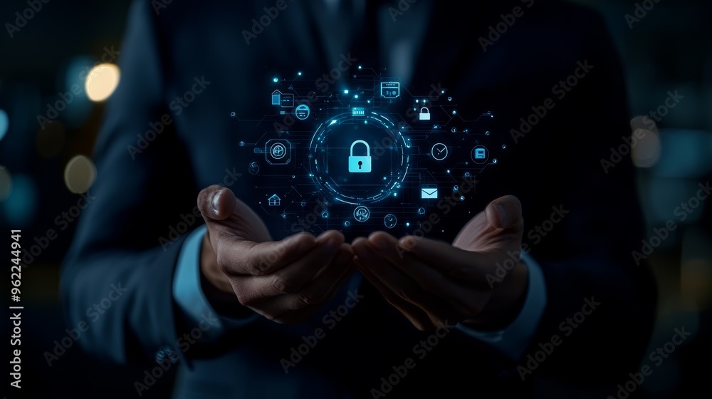 Poster Businessman holding a holographic lock icon symbolizing cybersecurity and data protection. Secure access in corporate security.