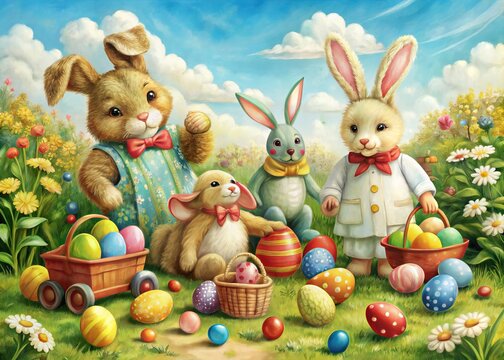 illustrated easter card concepts showcasing classic toys and games from childhood