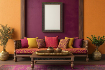  A vibrant, Indian-style living room featuring rich colors, ornate wooden furniture, and silk cushions. One large, white photo frame on the wall. Mockup for photos and art.