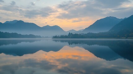 Fototapeta premium A serene lake surrounded by majestic mountains, with wisps of cloud drifting across the sky and reflecting on its tranquil surface