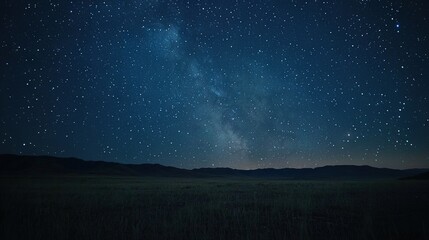 Fototapeta premium The night sky is filled with stars, and the Milky Way shines brilliantly in the distance over a field of grass