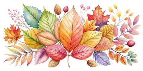 illustrated leaves whimsical watercolor illustration of autumn foliage secondary soft warm nature inspired mood bohemian style technical colored pencils scan lineart concept seasonal cycles