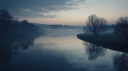 Fototapeta premium A lake surrounded by forests on a misty day with scattered cloud cover