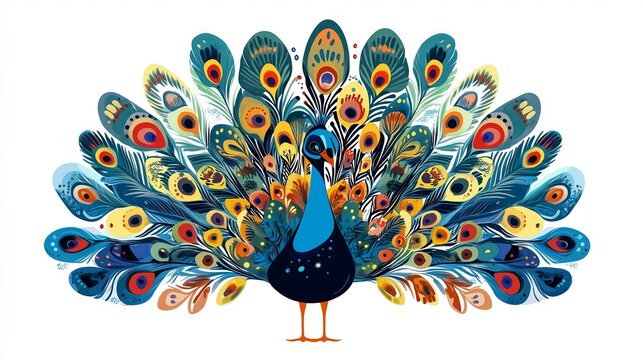 An artistic, flat style illustration of a peacock with an eye catching display of feathers, centered
