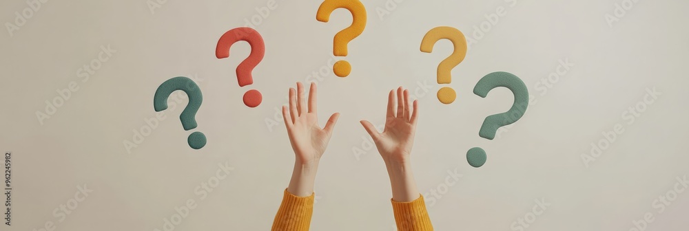 Poster Two hands reaching towards colorful question marks floating in the air. Concept of curiosity, uncertainty, and answers.