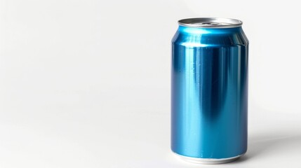 Obraz premium A shiny blue aluminum can stands upright against a soft white backdrop. This image captures a modern beverage container with a sleek design. Perfect for product promotions. AI
