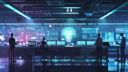 A futuristic tech control room with four people working on a large screen displaying data and a glowing brain.