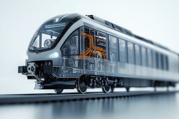 modern semi transparent electric train with its engine and transmission visible inside. The train is