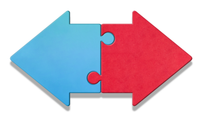 合わさった青色と赤色の矢印の形をしたジグソーパズル