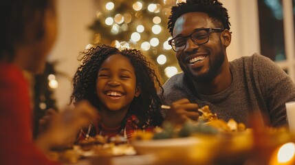 Father smiles amid family Christmas dinner.