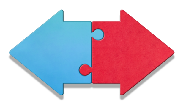 合わさった青色と赤色の矢印の形をしたジグソーパズル