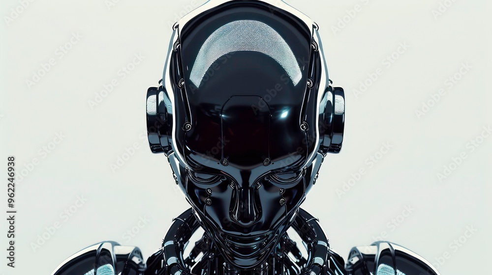 Canvas Prints close-up portrait of a futuristic robot with a shiny black helmet and a silver body.