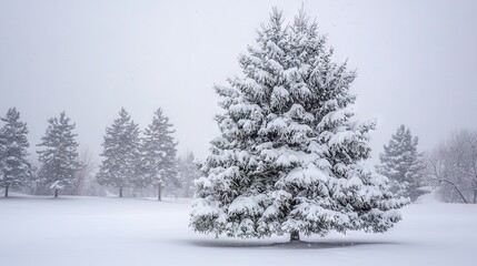  A snow-covered pine tree stands in a snowy field surrounded by pine trees, with snow on the ground