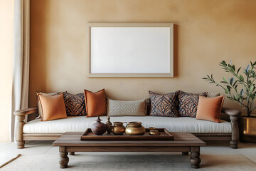  A modern, Indian-style living room featuring modern colors. One large, white photo frame on the wall. Mockup for photos and art.