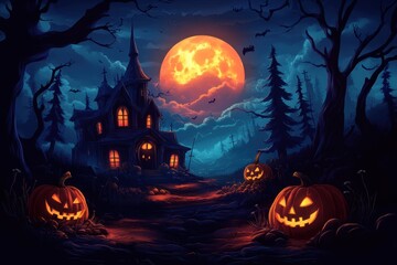 Halloween pumpkin head jack lantern with burning candles, Spooky Forest with a full moon and wooden table, Pumpkins In Graveyard In The Spooky Night - Halloween Backdrop