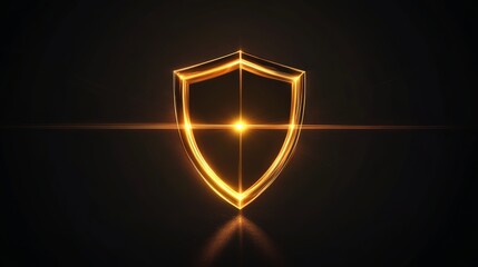 Fototapeta premium Golden shield symbol emitting light rays, representing strong digital security and data protection.