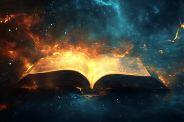 An abstract digital background showcasing an open book lying on a surface, symbolizing divine revelation or God's guidance.