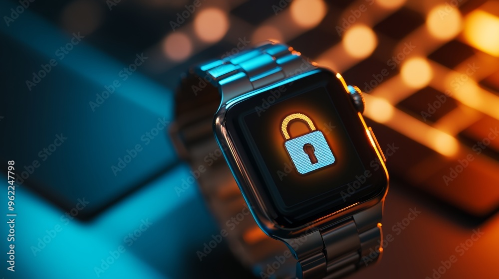 Poster Glowing lock icon on digital servers in a data center. Cybersecurity and data protection in server environments.