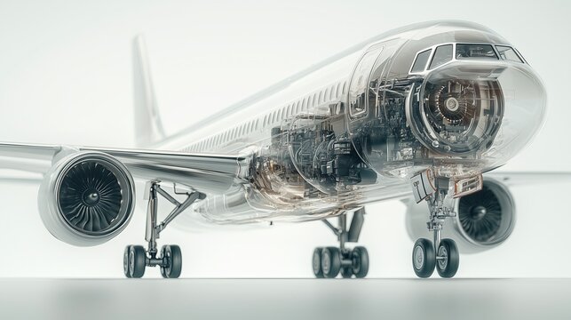 realistic of a modern airplane with semi transparent features, allowing a clear view of the engine