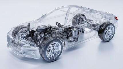 realistic of a modern diesel car with semi transparent features, allowing a clear view of the engine