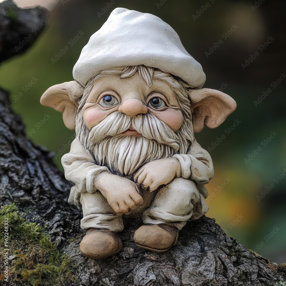 Sticker A gnome sitting on a tree branch with moss growing around it, AI