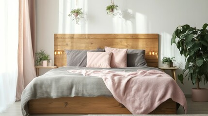 Bedhead with lights, fur pillow, gray sheets, pink blanket, plants, drapes.