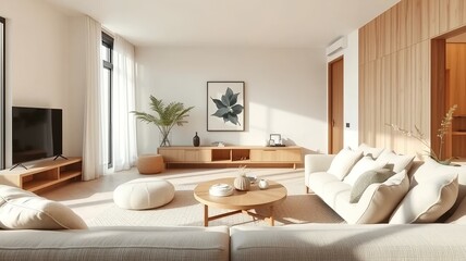 Minimalist living room interior design with neutral tones, wood paneling, modern furniture, and natural light.