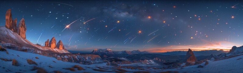 Starry sky with shooting stars over a mountain range