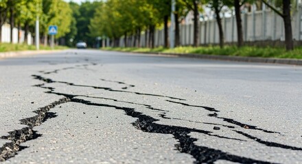 A cracked road with crumbling asphalt, representing urban neglect and poor infrastructure.