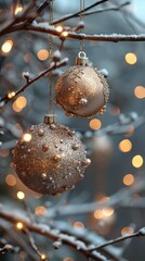 Ornaments hanging from a tree with lights in the background. christmas holiday