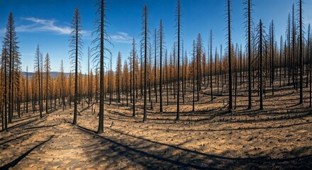 Obraz premium A scorched forest with burnt trees, representing the devastation of wildfires.
