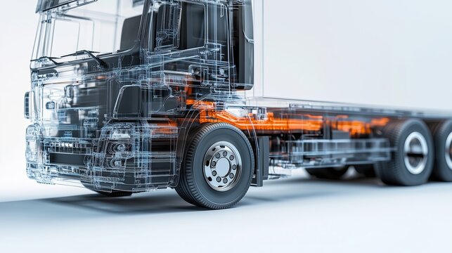 realistic of a modern electric truck with semi transparent panels, positioned on a vivid white