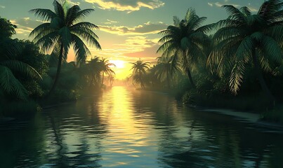 Palm Trees and Sunset Reflections on a Tranquil River