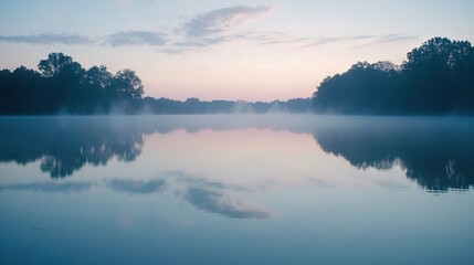 Fototapeta premium Water enveloped by tree line on hazy morning with scattered clouds above and below