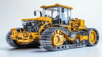 realistic of a modern grader with semi transparent features, allowing a clear view of the engine and