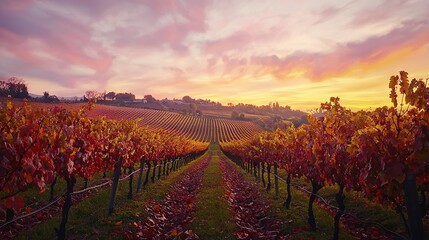   The sun is setting over a vineyard with vines in the foreground and trees in the background