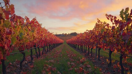 Naklejka premium Row of red-leafed trees in foreground, sunset with pink cloud in background