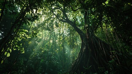 Fototapeta premium A majestic tree, surrounded by lush foliage, bathes in golden sunbeams filtering through its leaves