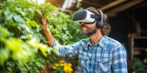 A farmer wearing a virtual reality headset inspects crops in a greenhouse, showcasing the use of immersive technology in agriculture