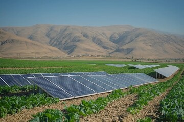 A solar-powered irrigation system installed in a vegetable farm, surrounded by green crops and mountains under a clear blue sky
