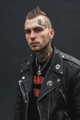 Vintage Punk Vibe - A bearded man with face tattoos in a worn leather jacket, exuding a grunge punk look with rugged authenticity.
